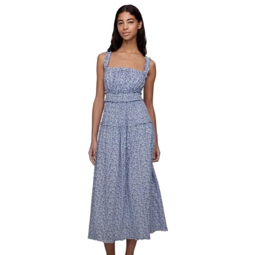 Gap Doen Floral Maxi Dress S Blue White Smocked Ruffle Cottagecore Sundress